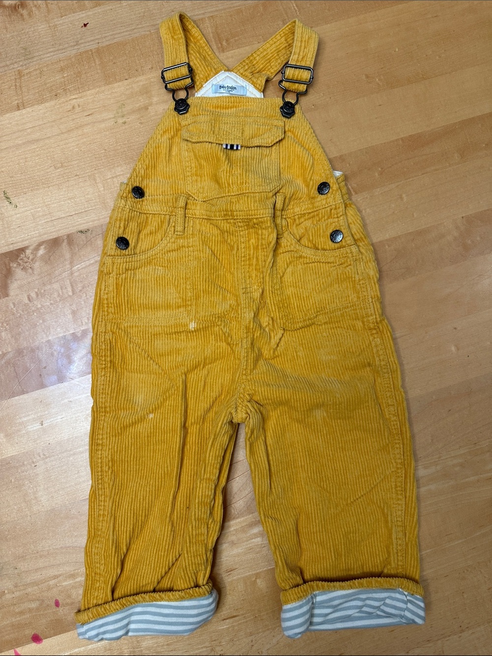 Baby Boden Mustard Yellow Corduroy Overalls with Striped Cuff